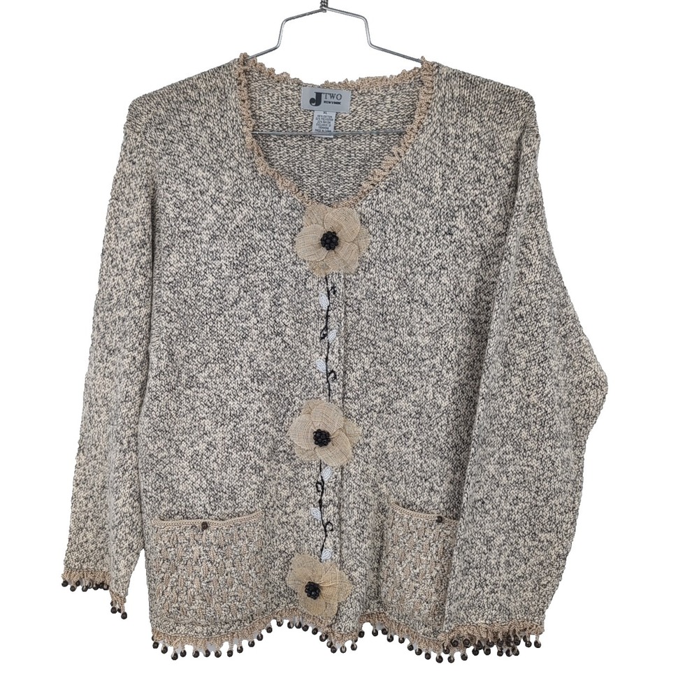 JTwo New York Hand Knit Boho Cardigan Embroidery Beaded Full Button Sz XL